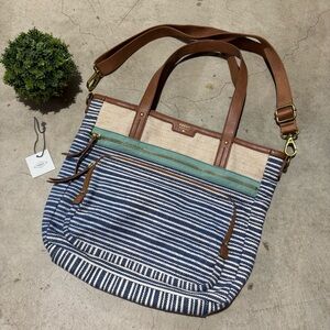 Fossil Ivy Tote Blue Stripe Purse Bag Leather Beach Vacation Spring Preppy‎